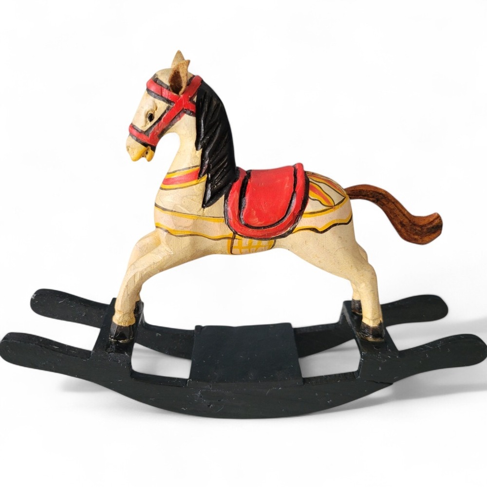 Vtg Hand-Carved Wooden Rocking Horse Figurine Painted Folk Art Decor Primitive